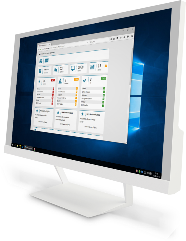G DATA Action Center – legen Sie einzelne Metriken an, die zum Monitoring von Hardware, Software oder bestimmten Services dienen Das G DATA Action Center als Screenshot auf einem Monitor